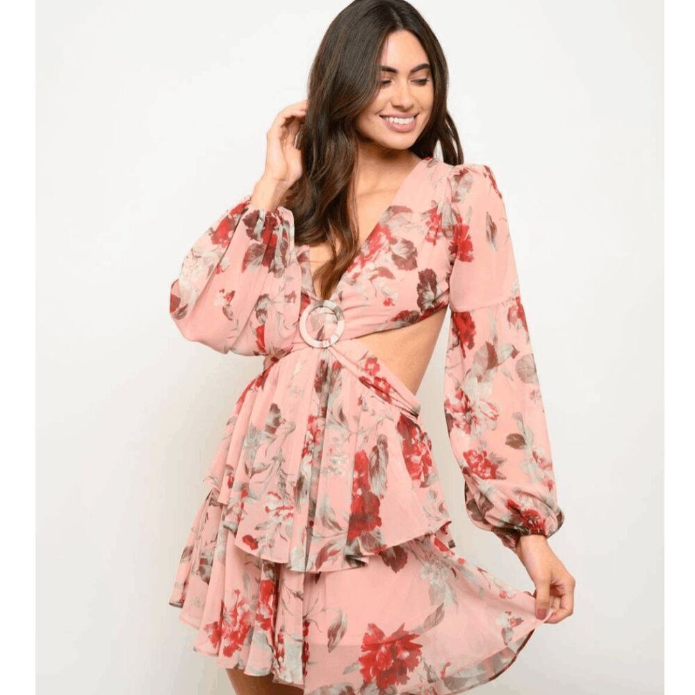 Luxxel Honey Rose Lace Back Mini Dress Long Sleeve Cut-Out Floral M Ruffles